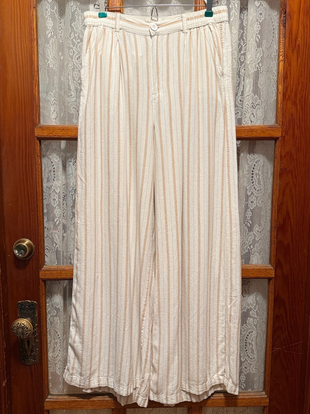 aerie Cream and Tan Striped Wide-Leg Trousers